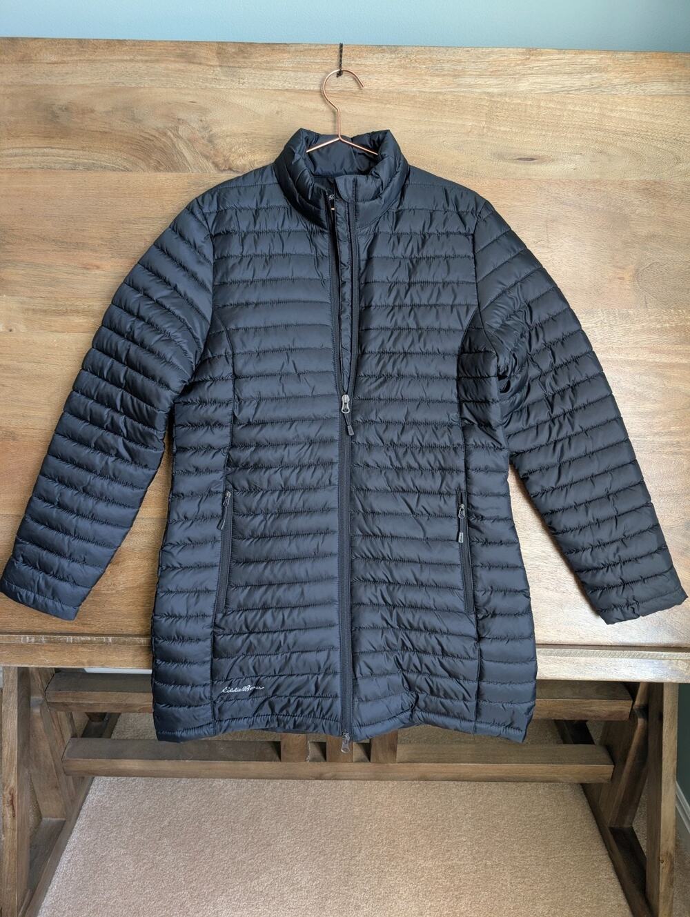 NWT Eddie Bauer Packable Puffer Jacket Womens Medium Black Long Sleeve Full Zip